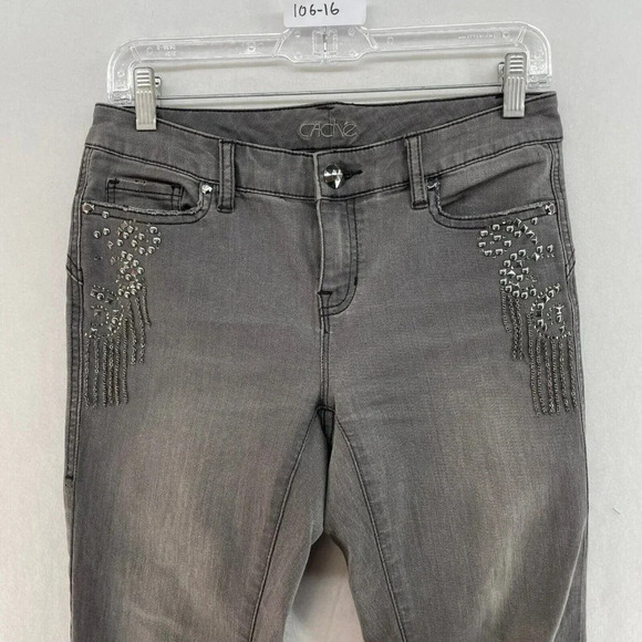 Cache Skinny Jeans Women's Sz 2 Gray Studded Rhinestone Slim Fit Stretch Denim - Picture 3 of 11